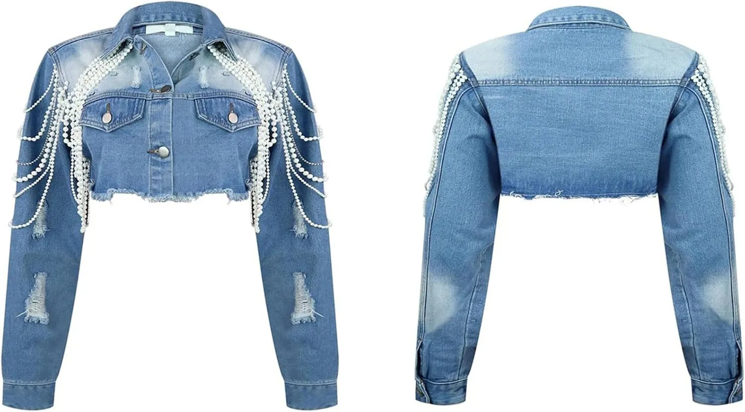 DINGANG Womens Pearls Beading Cropped Jackets Ripped Flayed Hem Fringe Vintage Short Denim Coats