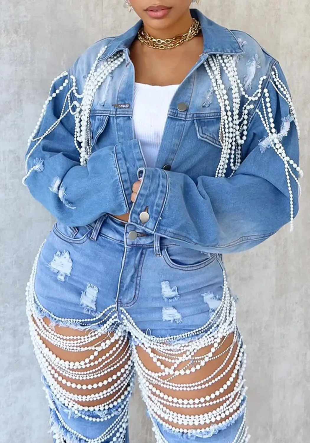 DINGANG Womens Pearls Beading Cropped Jackets Ripped Flayed Hem Fringe Vintage Short Denim Coats