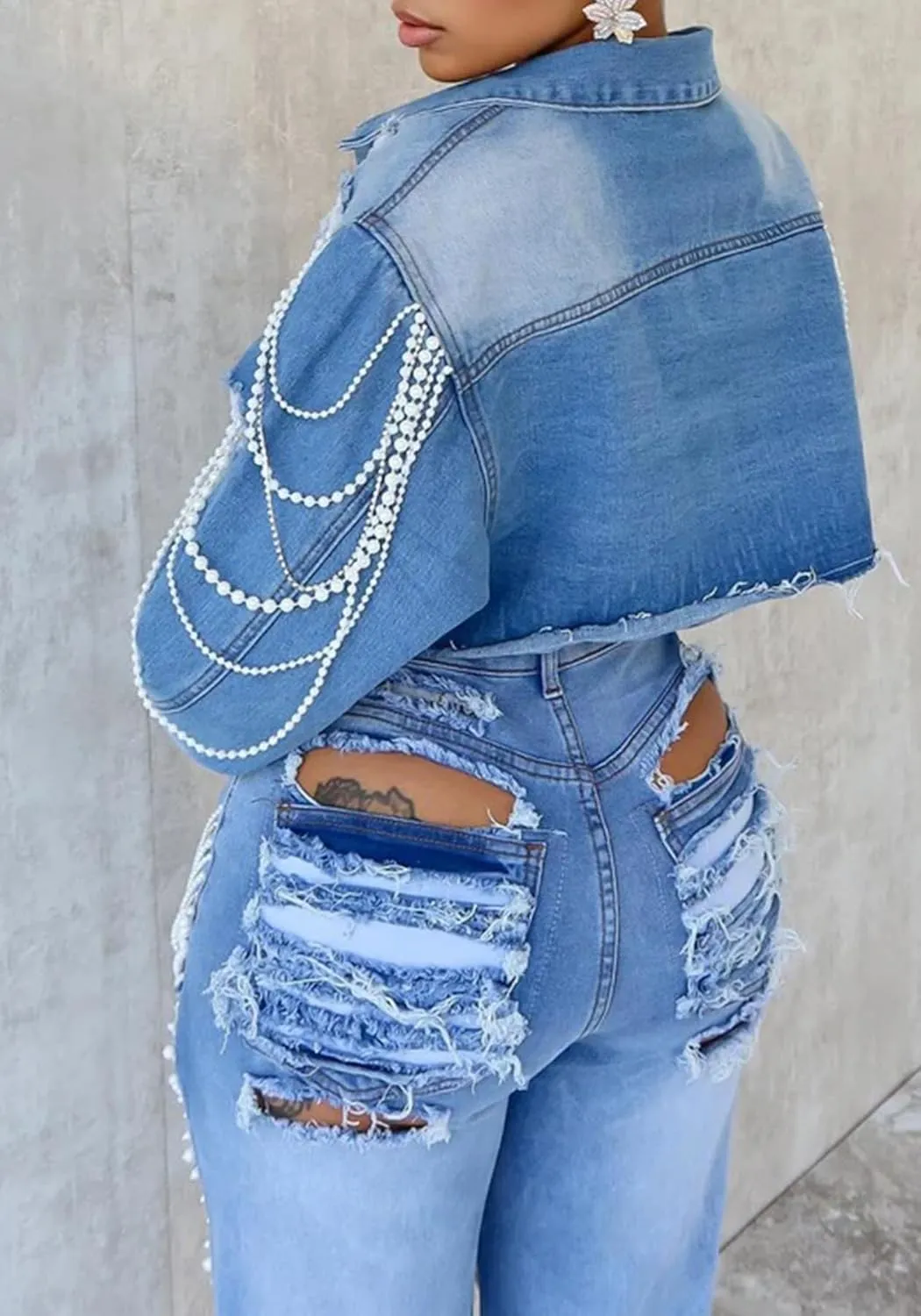 DINGANG Womens Pearls Beading Cropped Jackets Ripped Flayed Hem Fringe Vintage Short Denim Coats