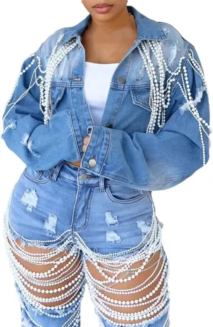 DINGANG Womens Pearls Beading Cropped Jackets Ripped Flayed Hem Fringe Vintage Short Denim Coats