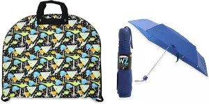 Dinosaur Printed Hanging Garment Bag With Mini Blue Umbrella ( 2 Item Bundle )
