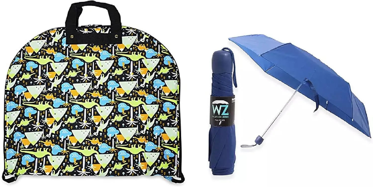Dinosaur Printed Hanging Garment Bag With Mini Blue Umbrella ( 2 Item Bundle )