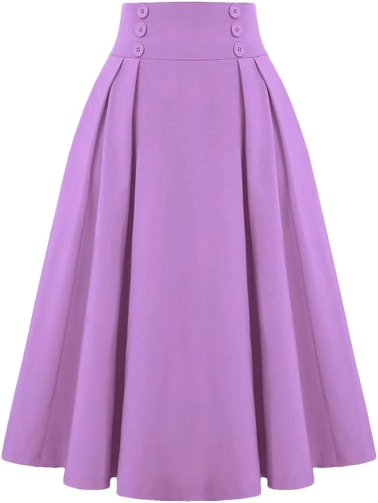 Disimlarl Solid High Waist Buttons Women Summer Skirts Pleated Vintage Retro Midi Length Long Skirt
