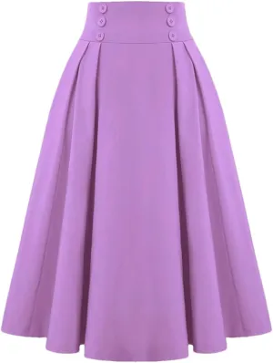 Disimlarl Solid High Waist Buttons Women Summer Skirts Pleated Vintage Retro Midi Length Long Skirt