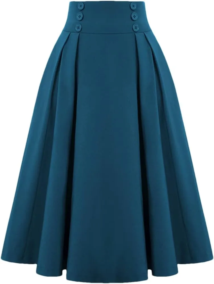 Disimlarl Solid High Waist Buttons Women Summer Skirts Pleated Vintage Retro Midi Length Long Skirt