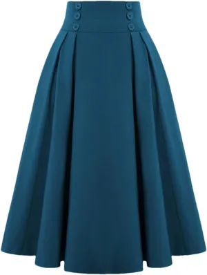 Disimlarl Solid High Waist Buttons Women Summer Skirts Pleated Vintage Retro Midi Length Long Skirt
