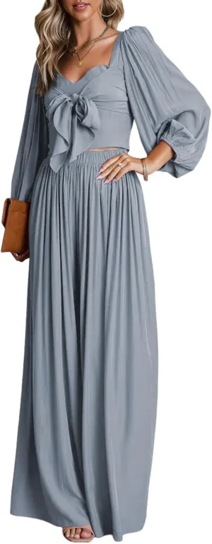 Dokotoo Two Piece Outfits for Women Heart Neck Long Sleeve Crop Tops and Wide Leg Palazzo Pants Lounge Set