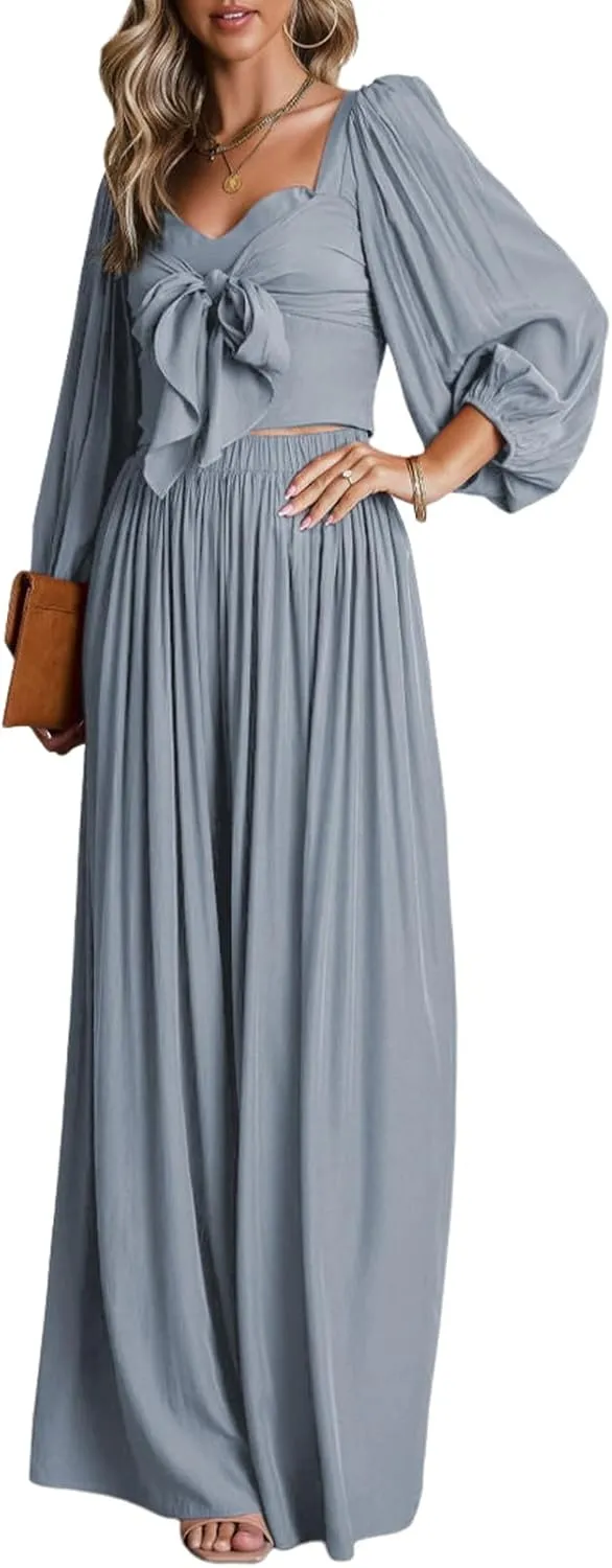 Dokotoo Two Piece Outfits for Women Heart Neck Long Sleeve Crop Tops and Wide Leg Palazzo Pants Lounge Set