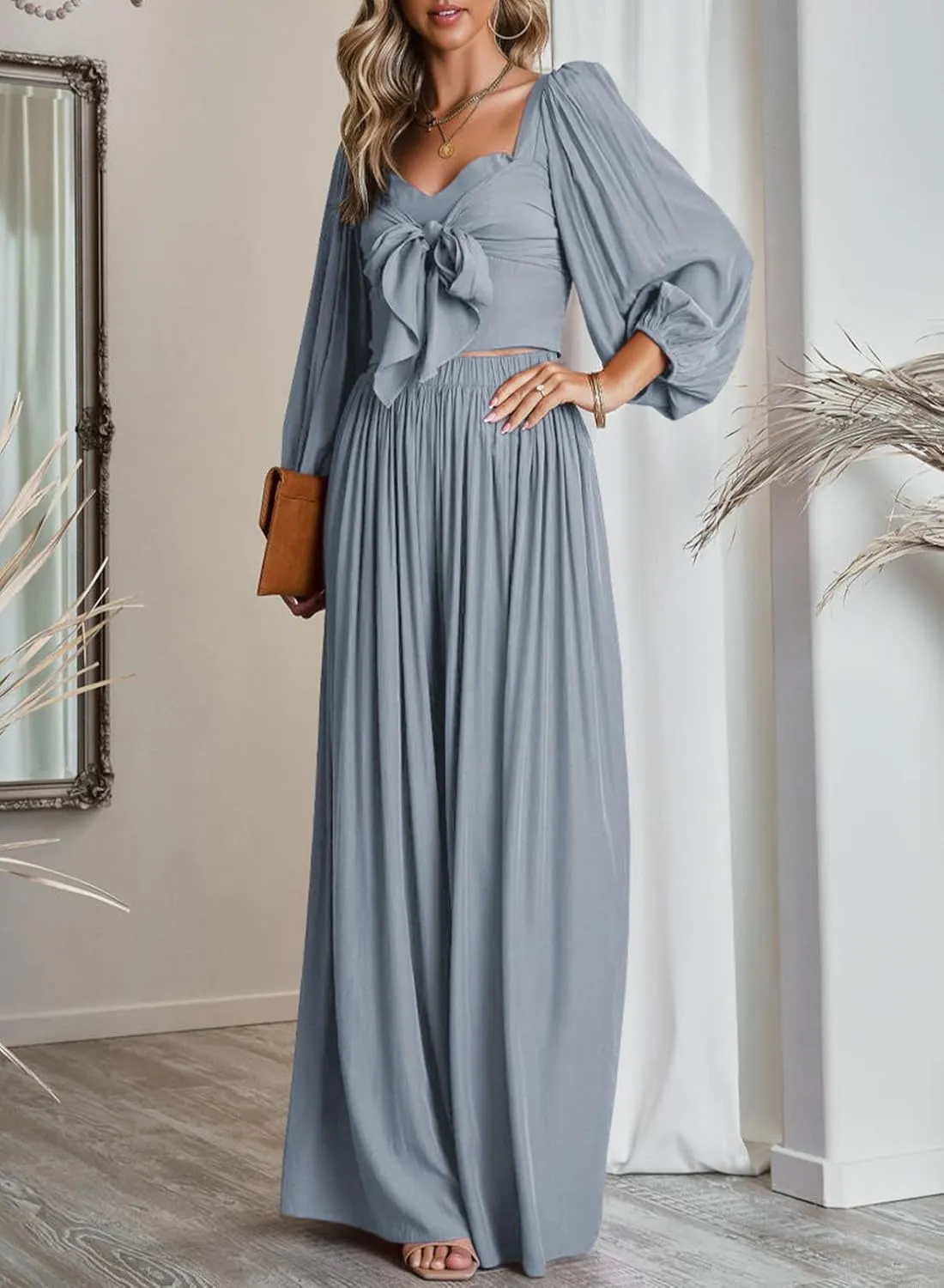 Dokotoo Two Piece Outfits for Women Heart Neck Long Sleeve Crop Tops and Wide Leg Palazzo Pants Lounge Set