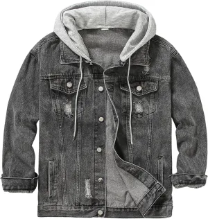 DOSLAVIDA Men's Distressed Denim Jacket Unisex Button Down Jean Coat Casual Long Sleeve Trucker Hooded Jackets Outwear