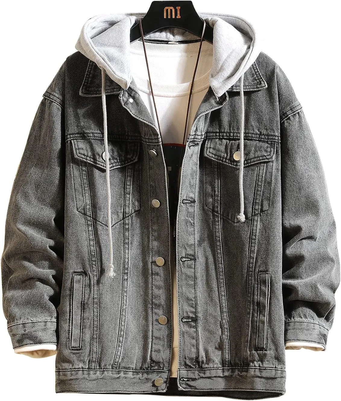 DOSLAVIDA Men's Distressed Denim Jacket Unisex Button Down Jean Coat Casual Long Sleeve Trucker Hooded Jackets Outwear