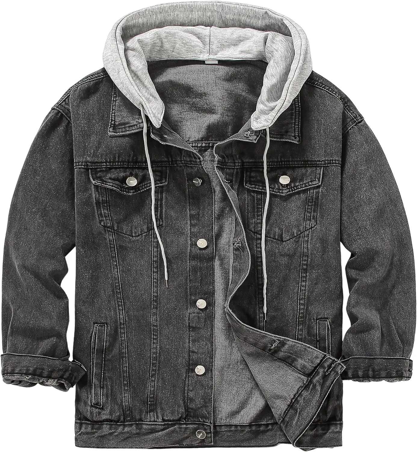 DOSLAVIDA Men's Distressed Denim Jacket Unisex Button Down Jean Coat Casual Long Sleeve Trucker Hooded Jackets Outwear