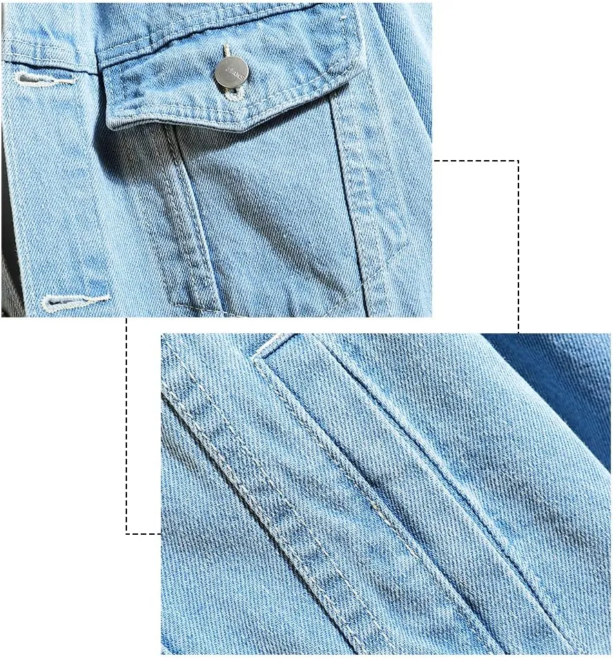 DOSLAVIDA Men's Distressed Denim Jacket Unisex Button Down Jean Coat Casual Long Sleeve Trucker Hooded Jackets Outwear