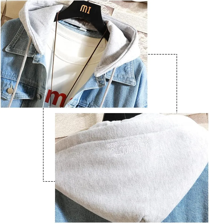 DOSLAVIDA Men's Distressed Denim Jacket Unisex Button Down Jean Coat Casual Long Sleeve Trucker Hooded Jackets Outwear