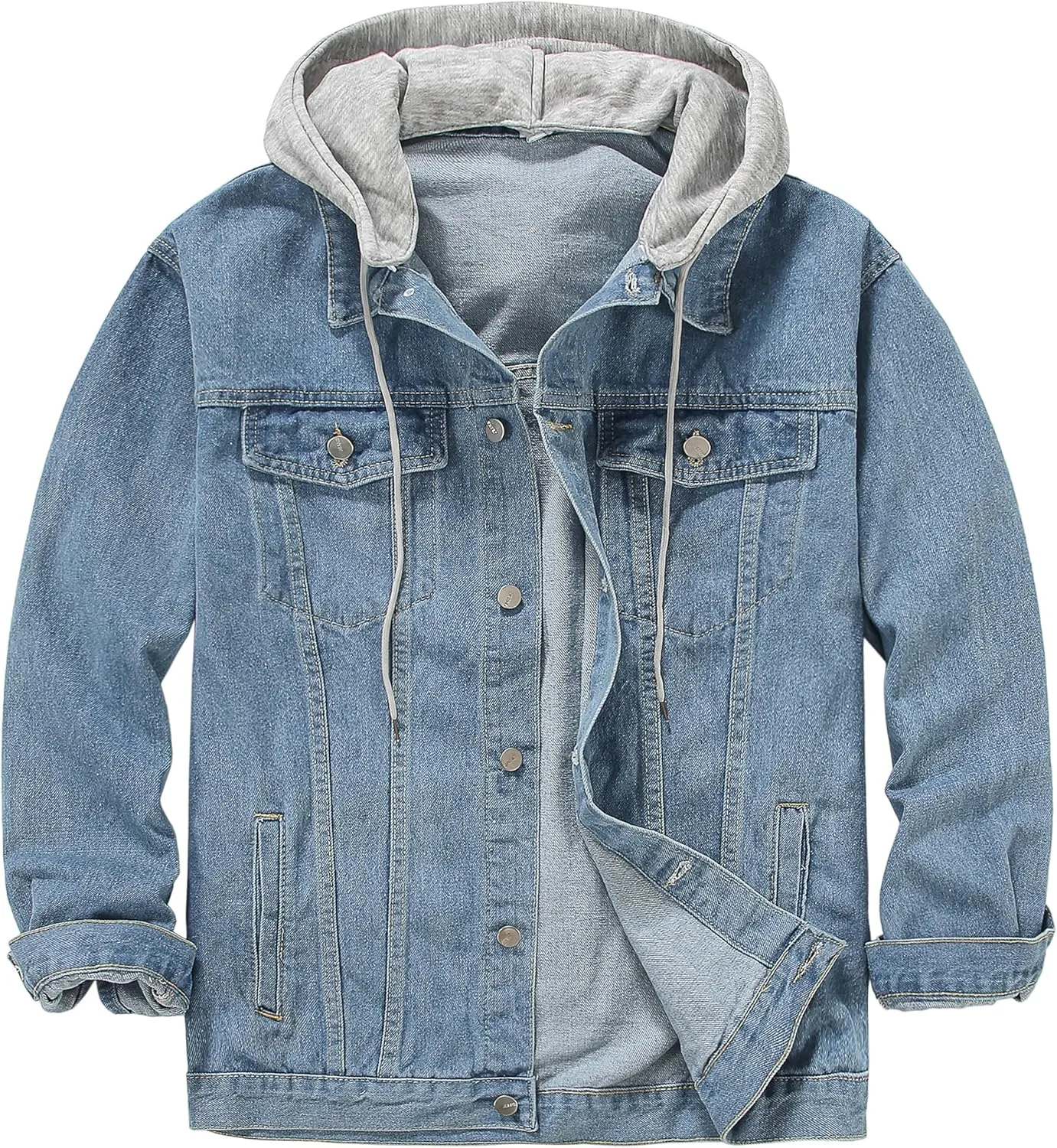 DOSLAVIDA Men's Distressed Denim Jacket Unisex Button Down Jean Coat Casual Long Sleeve Trucker Hooded Jackets Outwear