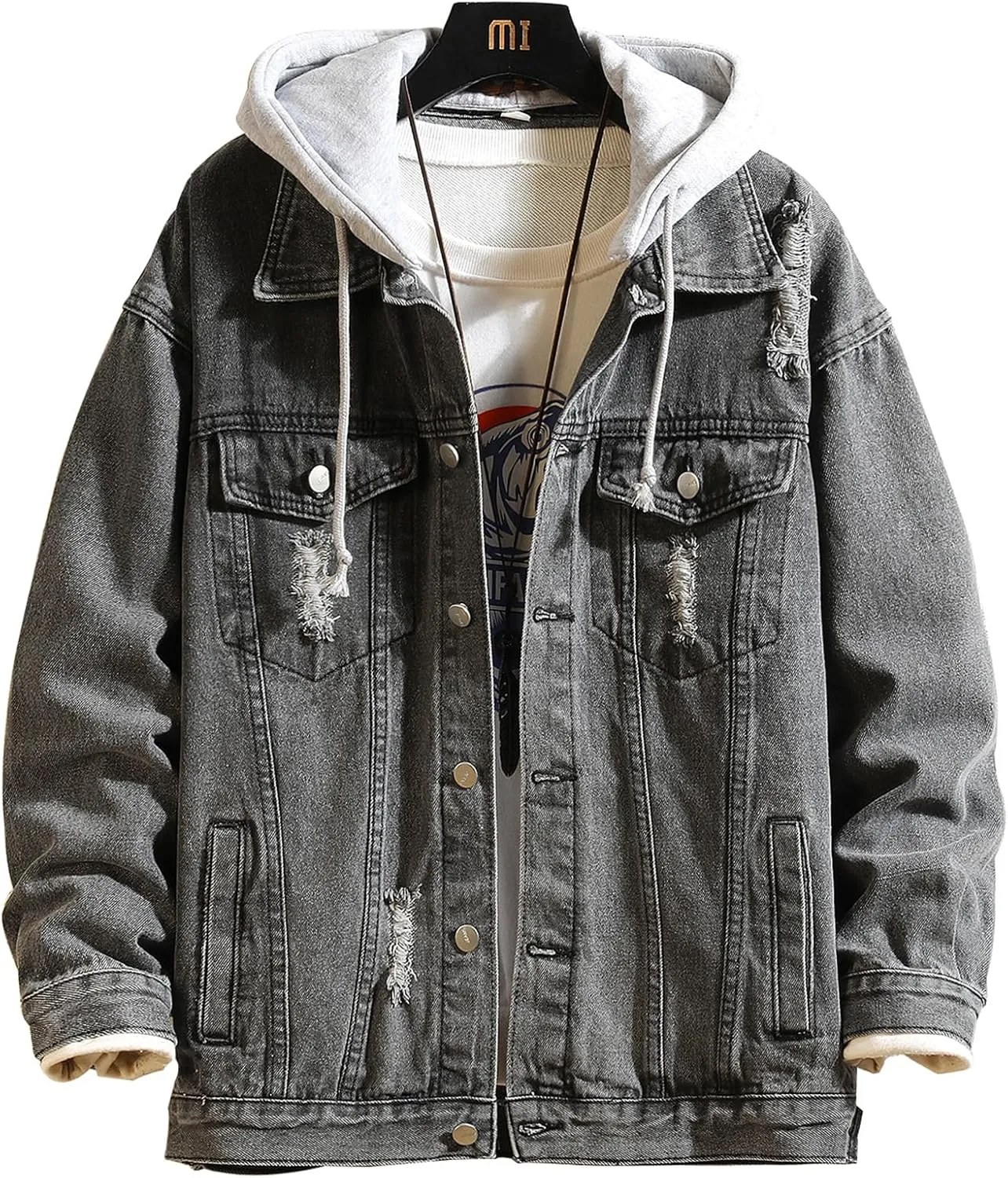 DOSLAVIDA Men's Distressed Denim Jacket Unisex Button Down Jean Coat Casual Long Sleeve Trucker Hooded Jackets Outwear