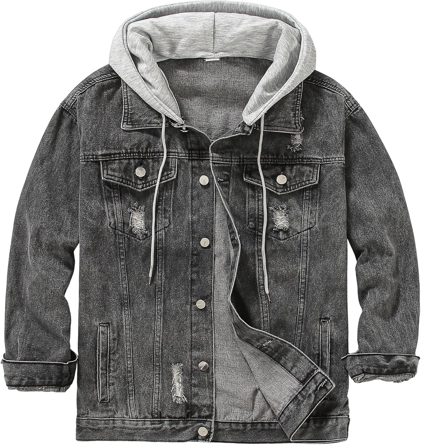 DOSLAVIDA Men's Distressed Denim Jacket Unisex Button Down Jean Coat Casual Long Sleeve Trucker Hooded Jackets Outwear