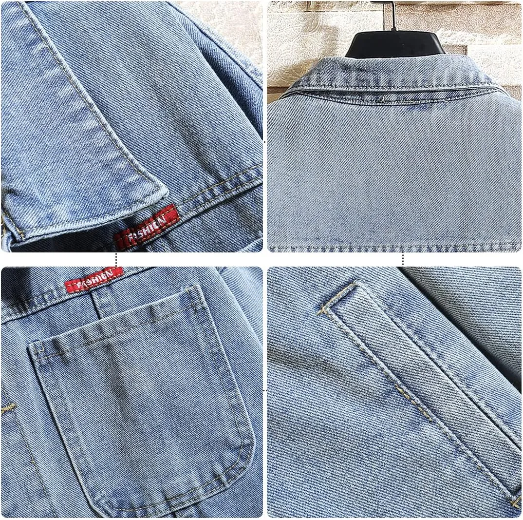 DOSLAVIDA Men's Distressed Denim Jacket Unisex Button Down Jean Coat Casual Long Sleeve Trucker Hooded Jackets Outwear