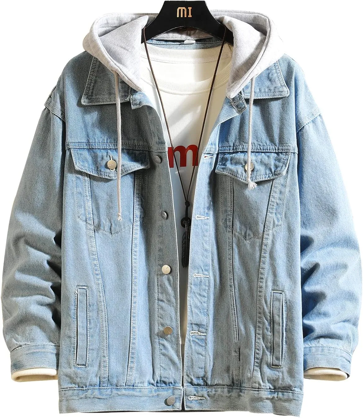 DOSLAVIDA Men's Distressed Denim Jacket Unisex Button Down Jean Coat Casual Long Sleeve Trucker Hooded Jackets Outwear