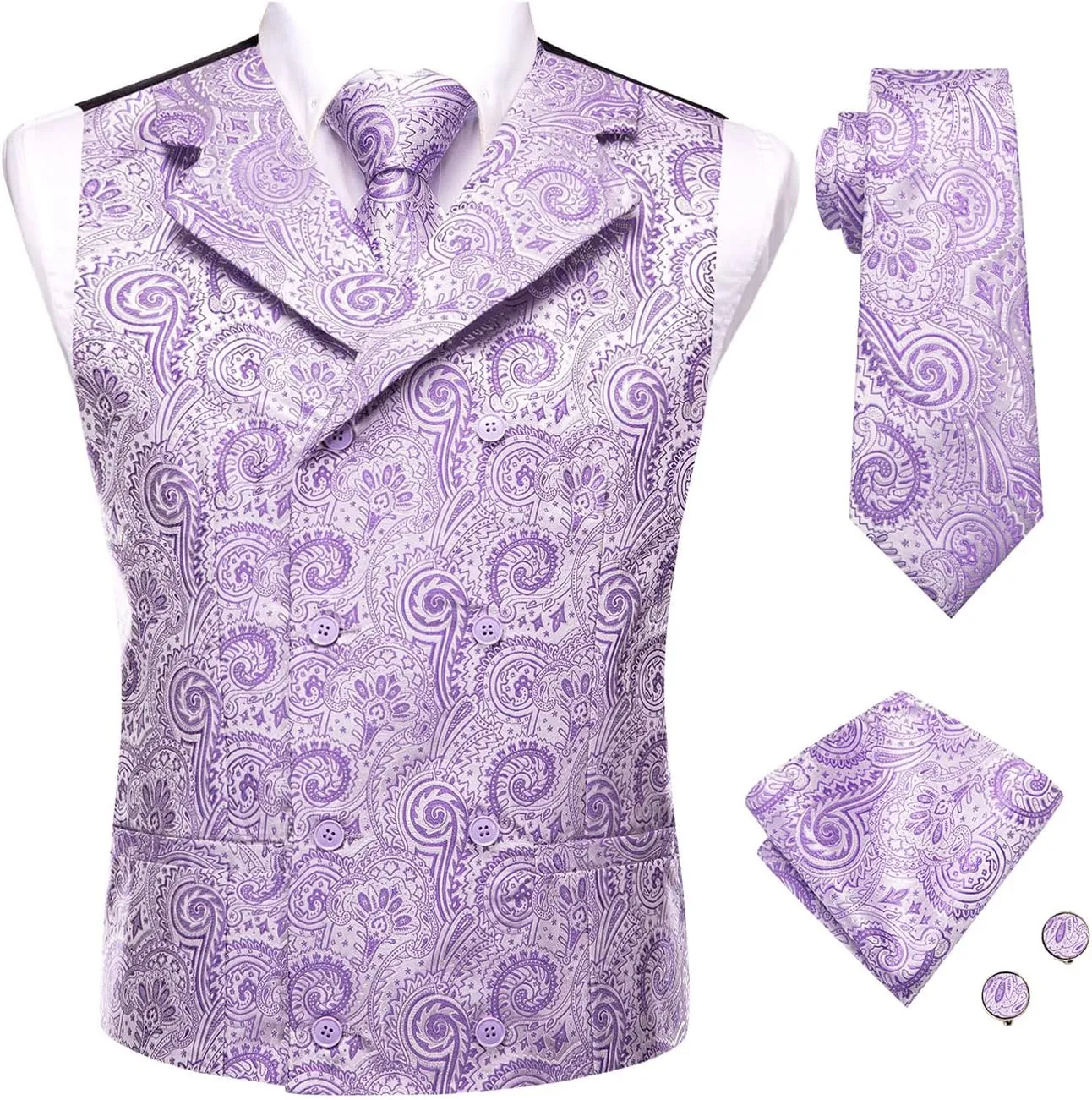 Dubulle Mens Double Breast Suit Vest Floral Paisley Vest and Tie for Men Pocket Square Cufflinks Wedding