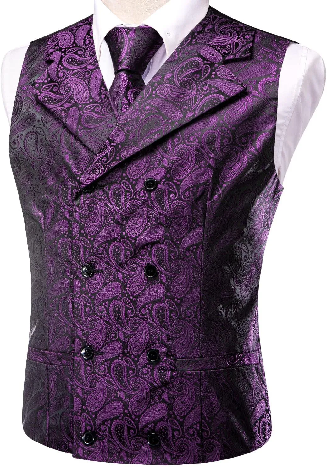 Dubulle Mens Double Breast Suit Vest Floral Paisley Vest and Tie for Men Pocket Square Cufflinks Wedding
