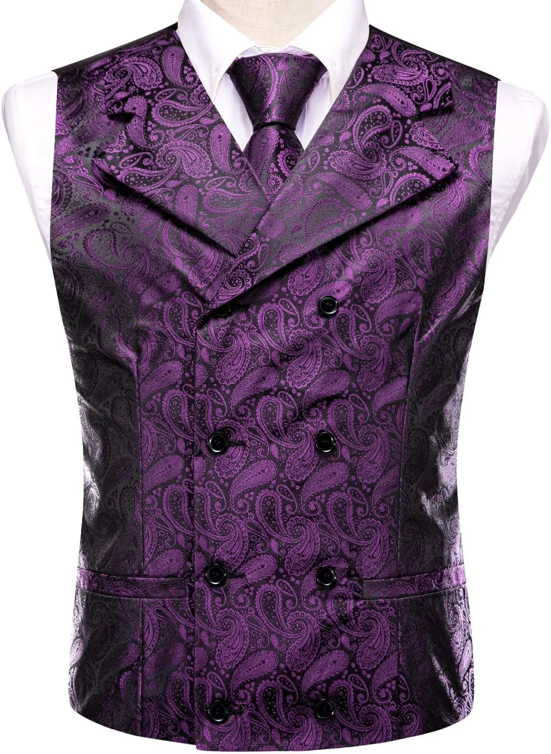 Dubulle Mens Double Breast Suit Vest Floral Paisley Vest and Tie for Men Pocket Square Cufflinks Wedding
