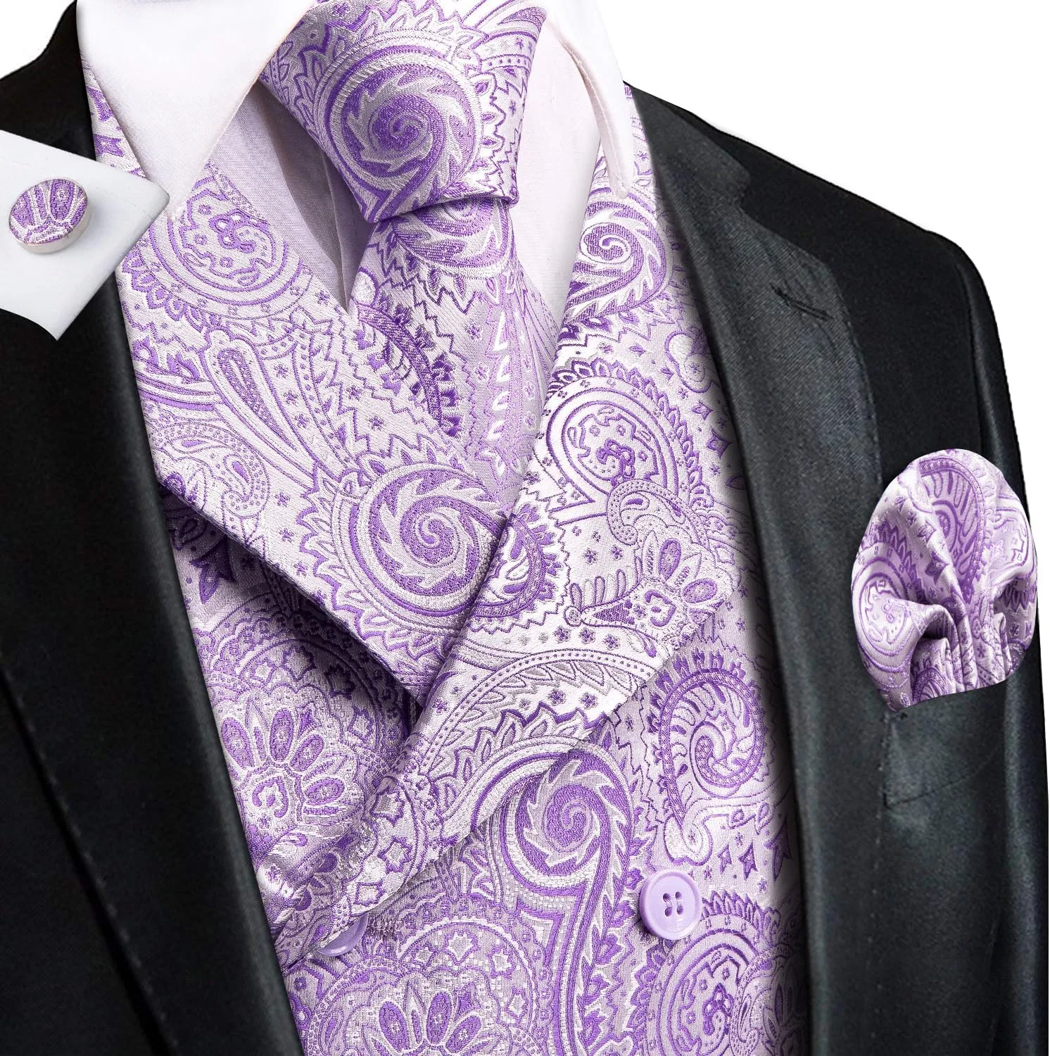 Dubulle Mens Double Breast Suit Vest Floral Paisley Vest and Tie for Men Pocket Square Cufflinks Wedding