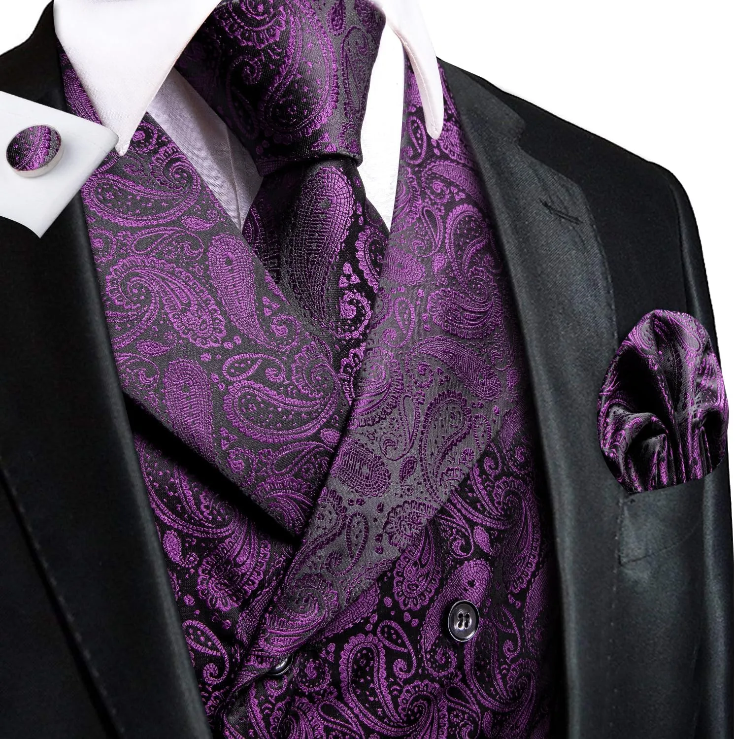 Dubulle Mens Double Breast Suit Vest Floral Paisley Vest and Tie for Men Pocket Square Cufflinks Wedding