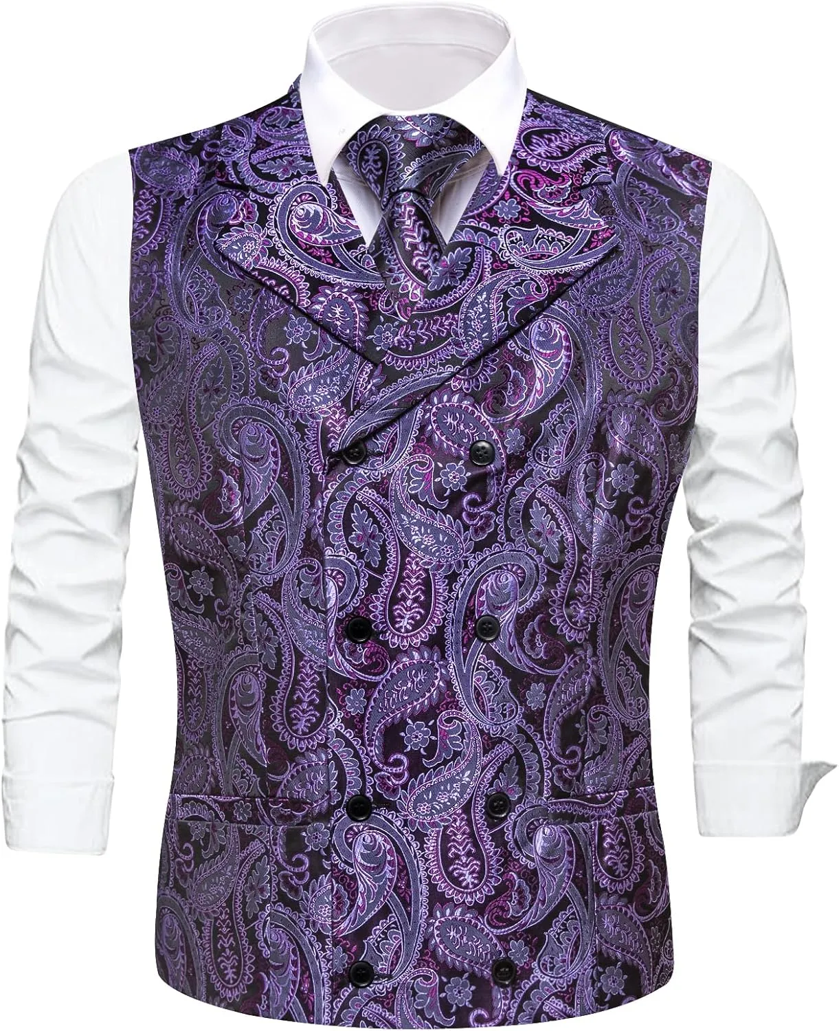 Dubulle Mens Double Breast Suit Vest Floral Paisley Vest and Tie for Men Pocket Square Cufflinks Wedding