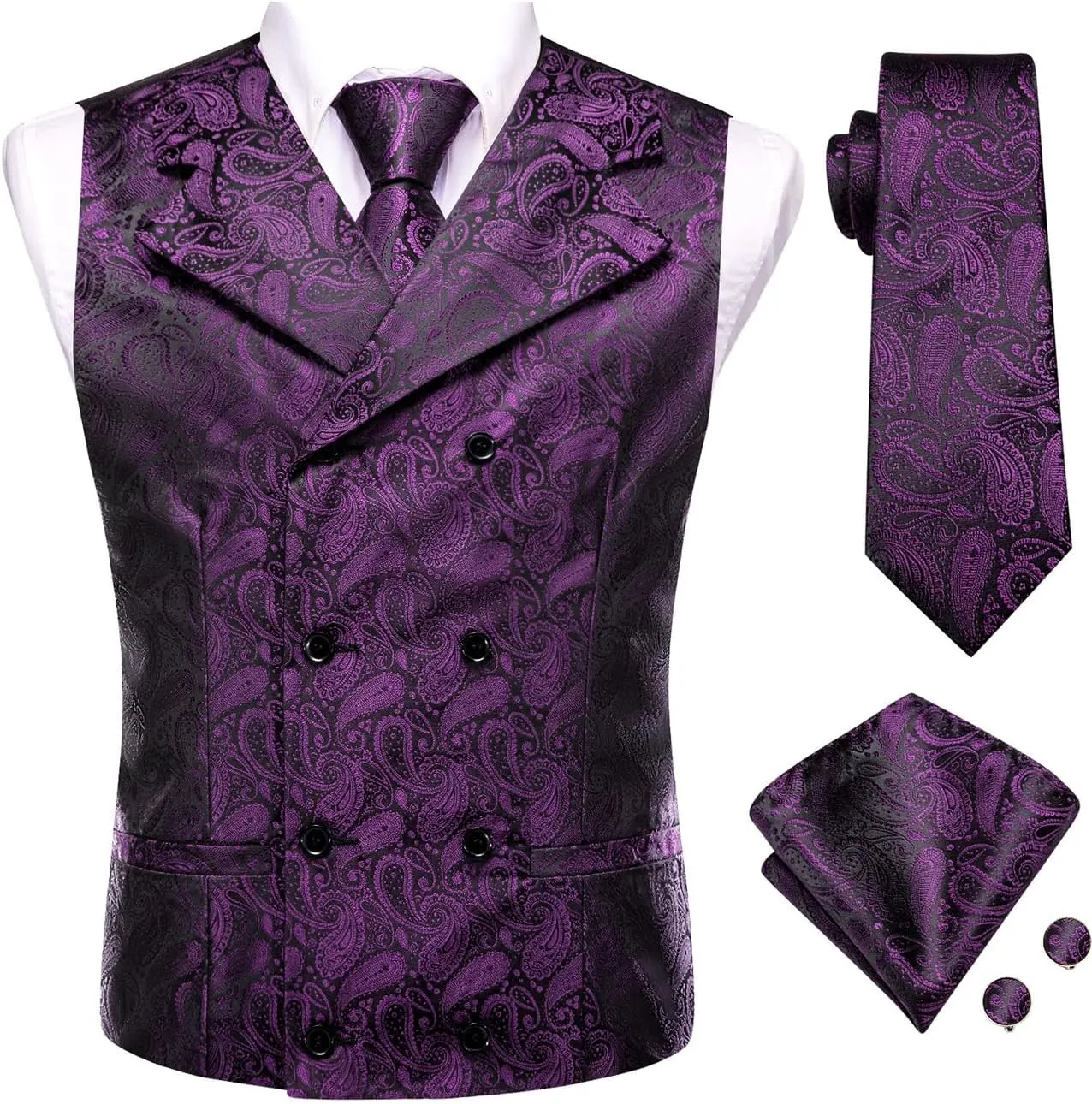 Dubulle Mens Double Breast Suit Vest Floral Paisley Vest and Tie for Men Pocket Square Cufflinks Wedding