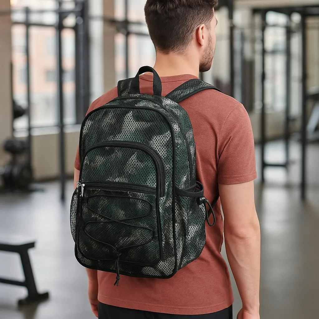 Eastsport Heavy Duty Mesh Backpack with Comfort Padded Straps and Adjustable Bungee for Work, Sports, Beach, College and Security, Army Green Camo