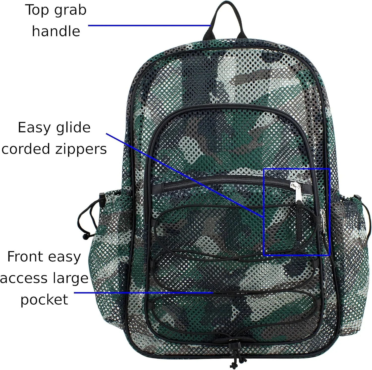 Eastsport Heavy Duty Mesh Backpack with Comfort Padded Straps and Adjustable Bungee for Work, Sports, Beach, College and Security, Army Green Camo