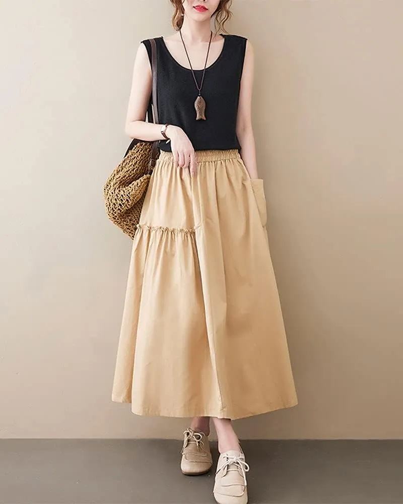 ebossy Womens Layered Frill Trim A-Line Pleated Midi Skirt with Pocket