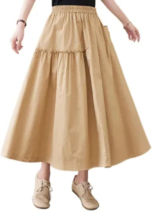 ebossy Womens Layered Frill Trim A-Line Pleated Midi Skirt with Pocket