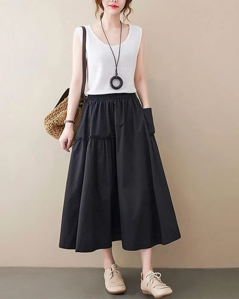 ebossy Womens Layered Frill Trim A-Line Pleated Midi Skirt with Pocket