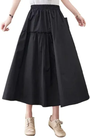 ebossy Womens Layered Frill Trim A-Line Pleated Midi Skirt with Pocket