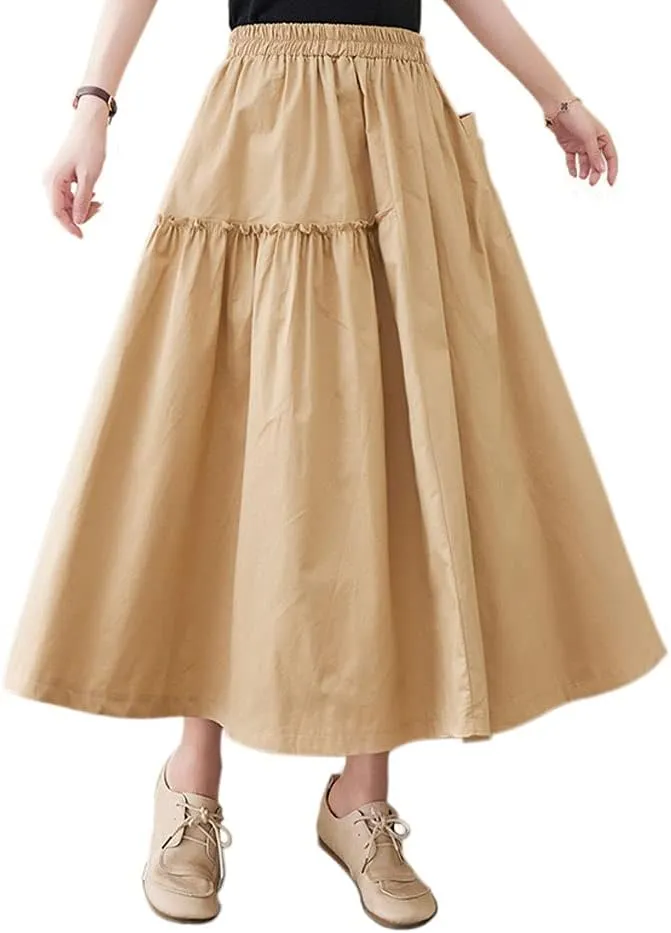 ebossy Womens Layered Frill Trim A-Line Pleated Midi Skirt with Pocket
