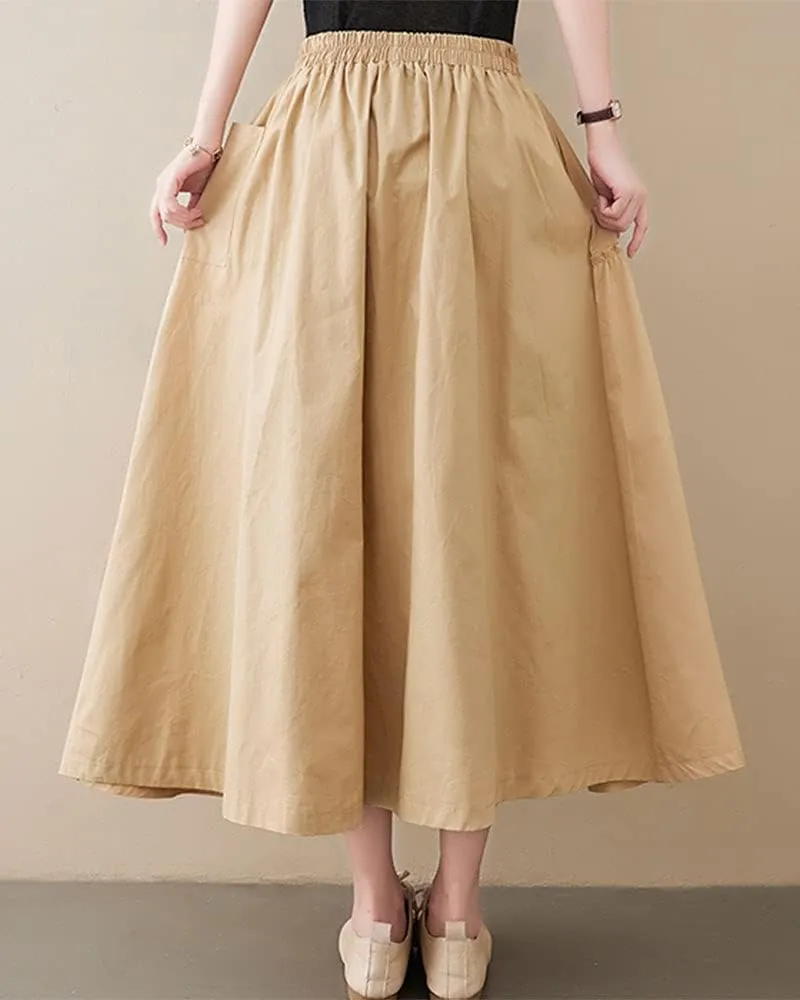 ebossy Womens Layered Frill Trim A-Line Pleated Midi Skirt with Pocket