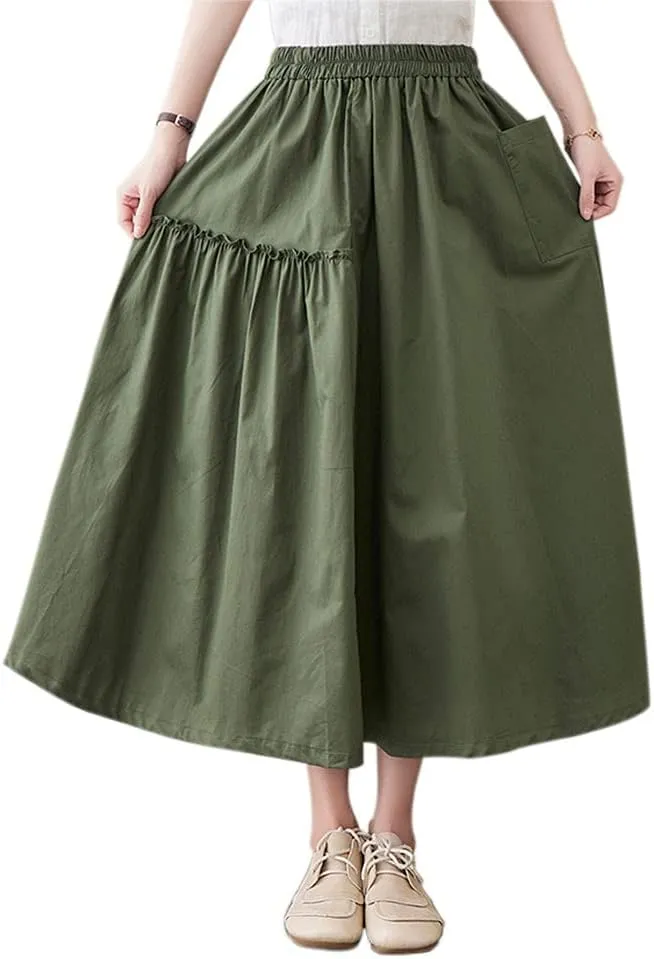 ebossy Womens Layered Frill Trim A-Line Pleated Midi Skirt with Pocket