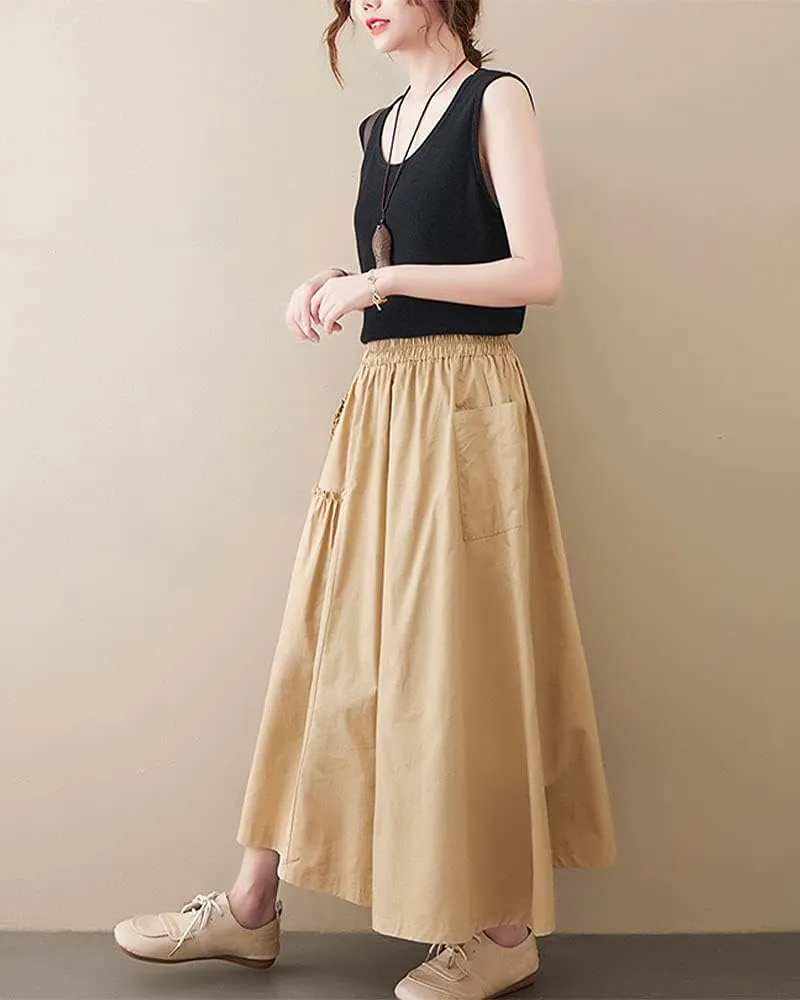 ebossy Womens Layered Frill Trim A-Line Pleated Midi Skirt with Pocket