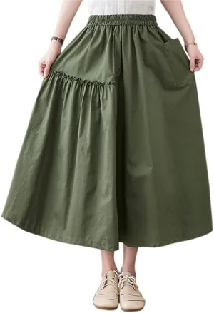 ebossy Womens Layered Frill Trim A-Line Pleated Midi Skirt with Pocket