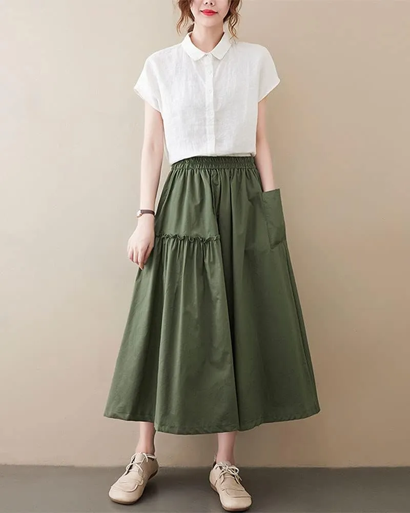 ebossy Womens Layered Frill Trim A-Line Pleated Midi Skirt with Pocket
