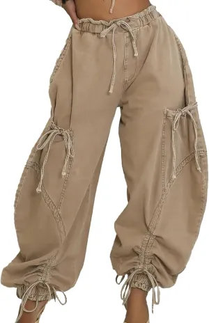 Ecirod Womens Denim Harem Pants Casual Drawstring Elastic Waist Wide Leg Baggy Jeans Bow Tie Comfy Pants with Pockets