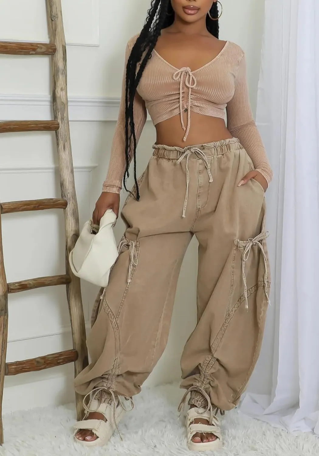 Ecirod Womens Denim Harem Pants Casual Drawstring Elastic Waist Wide Leg Baggy Jeans Bow Tie Comfy Pants with Pockets