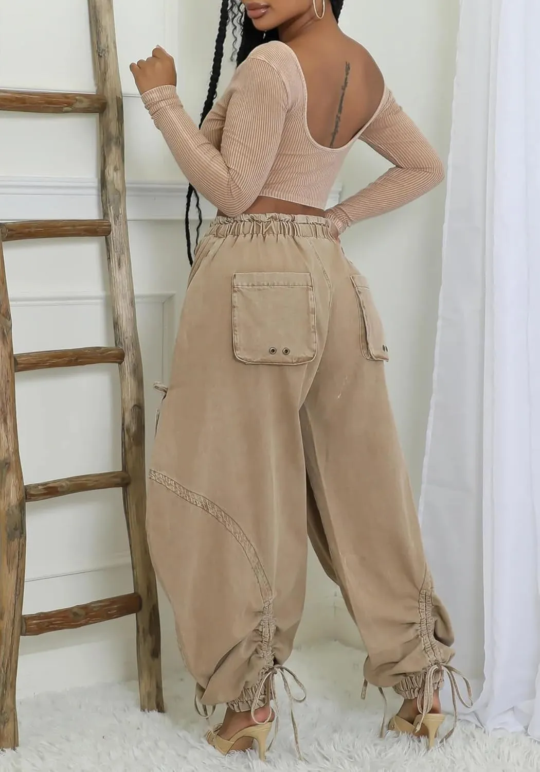 Ecirod Womens Denim Harem Pants Casual Drawstring Elastic Waist Wide Leg Baggy Jeans Bow Tie Comfy Pants with Pockets