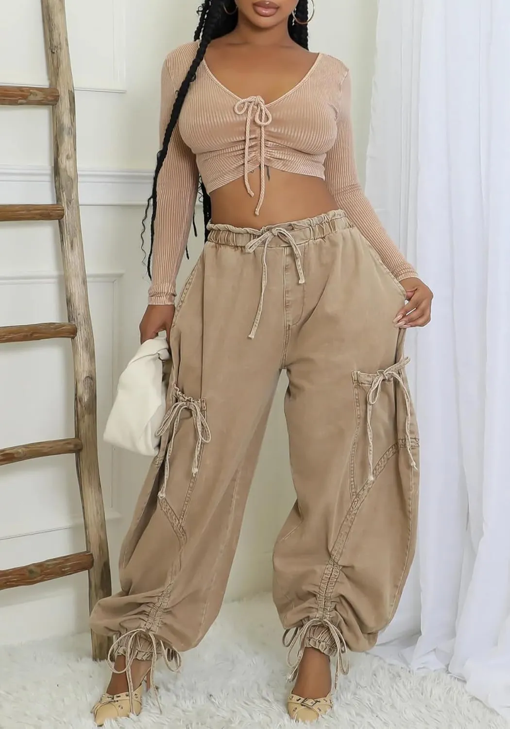 Ecirod Womens Denim Harem Pants Casual Drawstring Elastic Waist Wide Leg Baggy Jeans Bow Tie Comfy Pants with Pockets