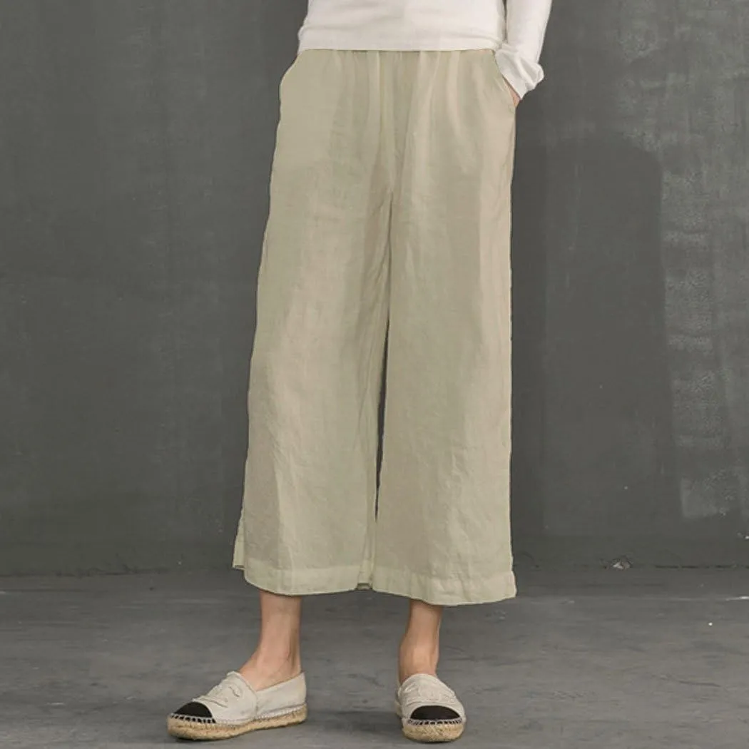 ECUPPER Womens Linen Cropped Pants Loose Casual Capri Cotton Wide Leg Plus Size Elastic Waist with Drawstring Trouses