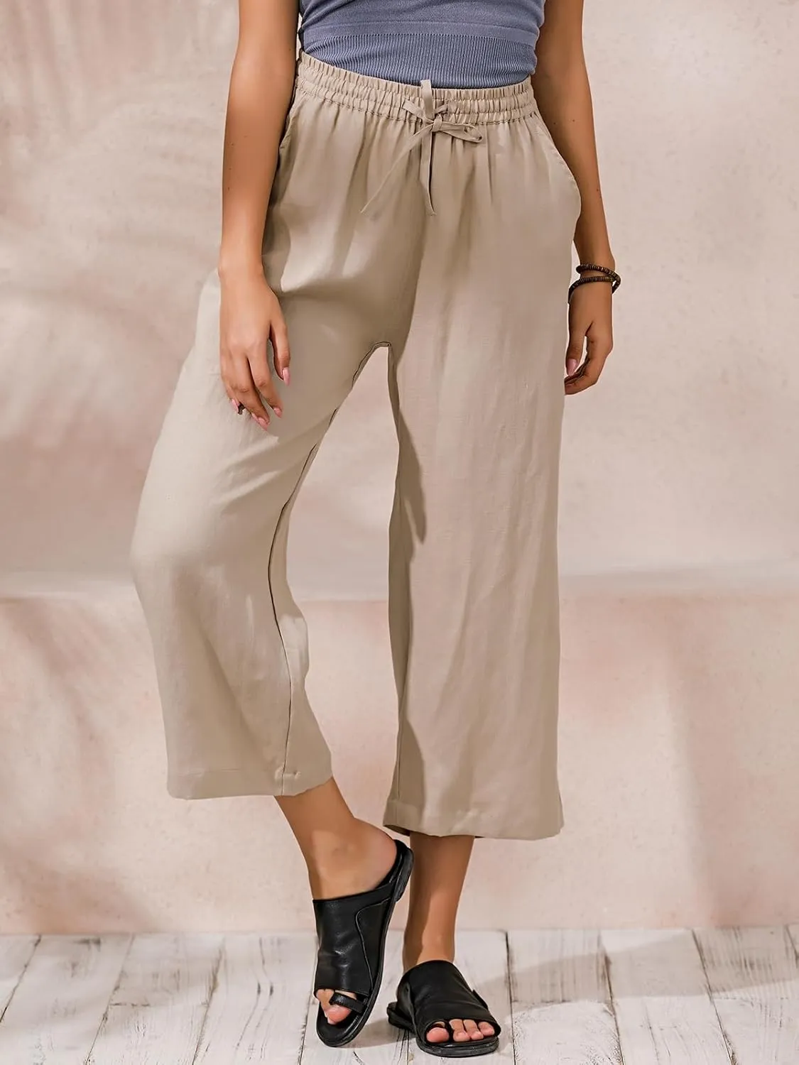 ECUPPER Womens Linen Cropped Pants Loose Casual Capri Cotton Wide Leg Plus Size Elastic Waist with Drawstring Trouses