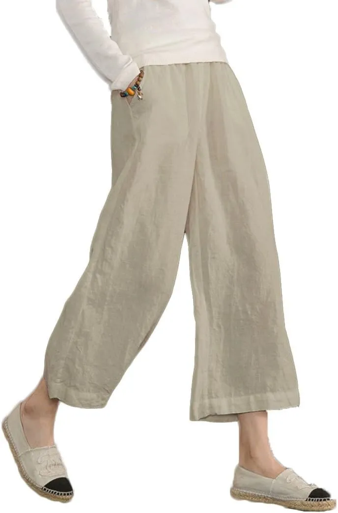 ECUPPER Womens Linen Cropped Pants Loose Casual Capri Cotton Wide Leg Plus Size Elastic Waist with Drawstring Trouses