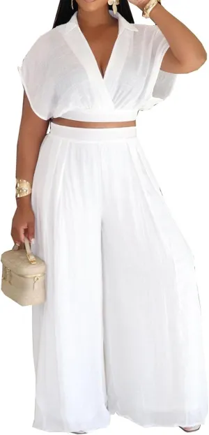 Ekaliy Women's 2 Pieces Outfits Wrap V Neck Crop Top Wide Leg Pants Set Jumpsuits Casual Matching Sets